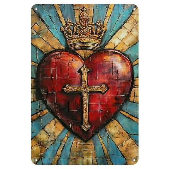 1pc Vintage Sacred Heart of Metal Sign - Durable, Retro Religious Wall Art with Golden & Latin Text for Home, Cafe, Garden - Classic Christian Decor Plaque