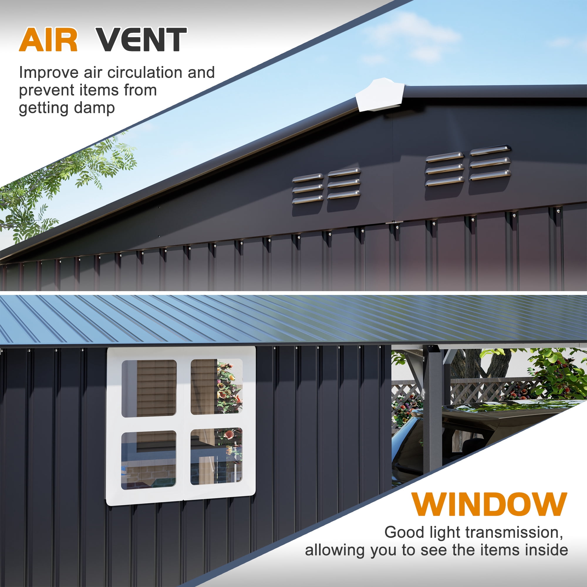 DTTRA 12x23 FT Metal Carport and Storage Shed Combo, Heavy Duty Steel Garage Shelter with Sliding Door, UV Panel, Air Vents & Sloped Roof for Car, Boat and Tractor, Gray