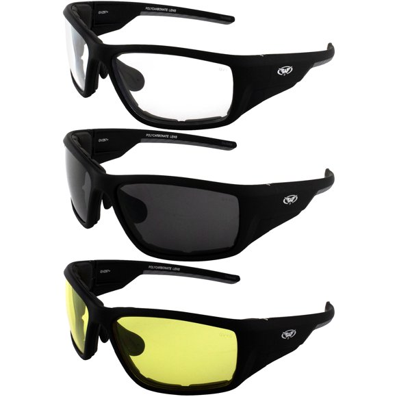3 Paires de Lunettes Global Vision Mousse Cinétique Rembourré Lunettes de Soleil de Sécurité Moto Soft Touch Noir Cadres avec de la Fumée Claire & Lentilles Jaunes