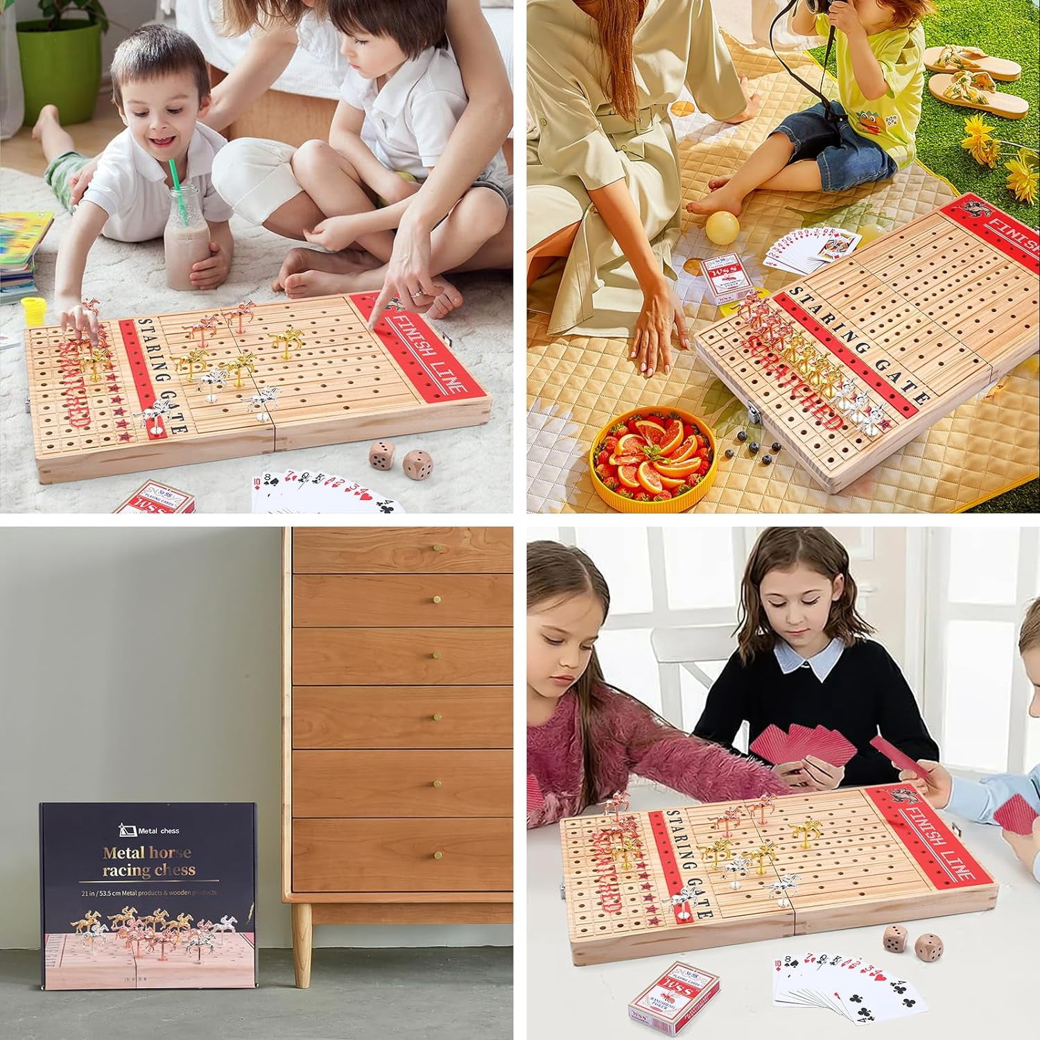 Horse Race Board Game, Horse Racing Game, Board Game Set Foldable and Portable with 2 Sets of Cards, 2 Dice, and 12 Metal Horses (1-Pack)
