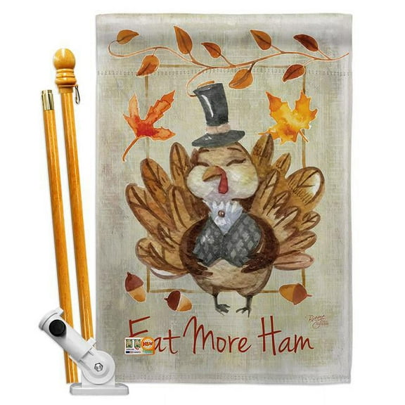 Breeze Decor BD-TG-HS-113056-IP-BO-D-US16-BD 28 x 40 in. Eat More Fall Thanksgiving Impressions Decorative Vertical Double Sided House Flag Set with Pole Bracket Hardware