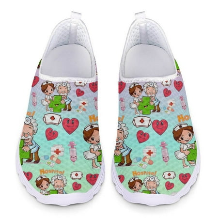

FORUDESIGNS Cartoon Medical Hospital Nurse Pattern Ladies Sneakers Comfortable Women Light Loafers Slip-on Air Mesh Flat Shoes