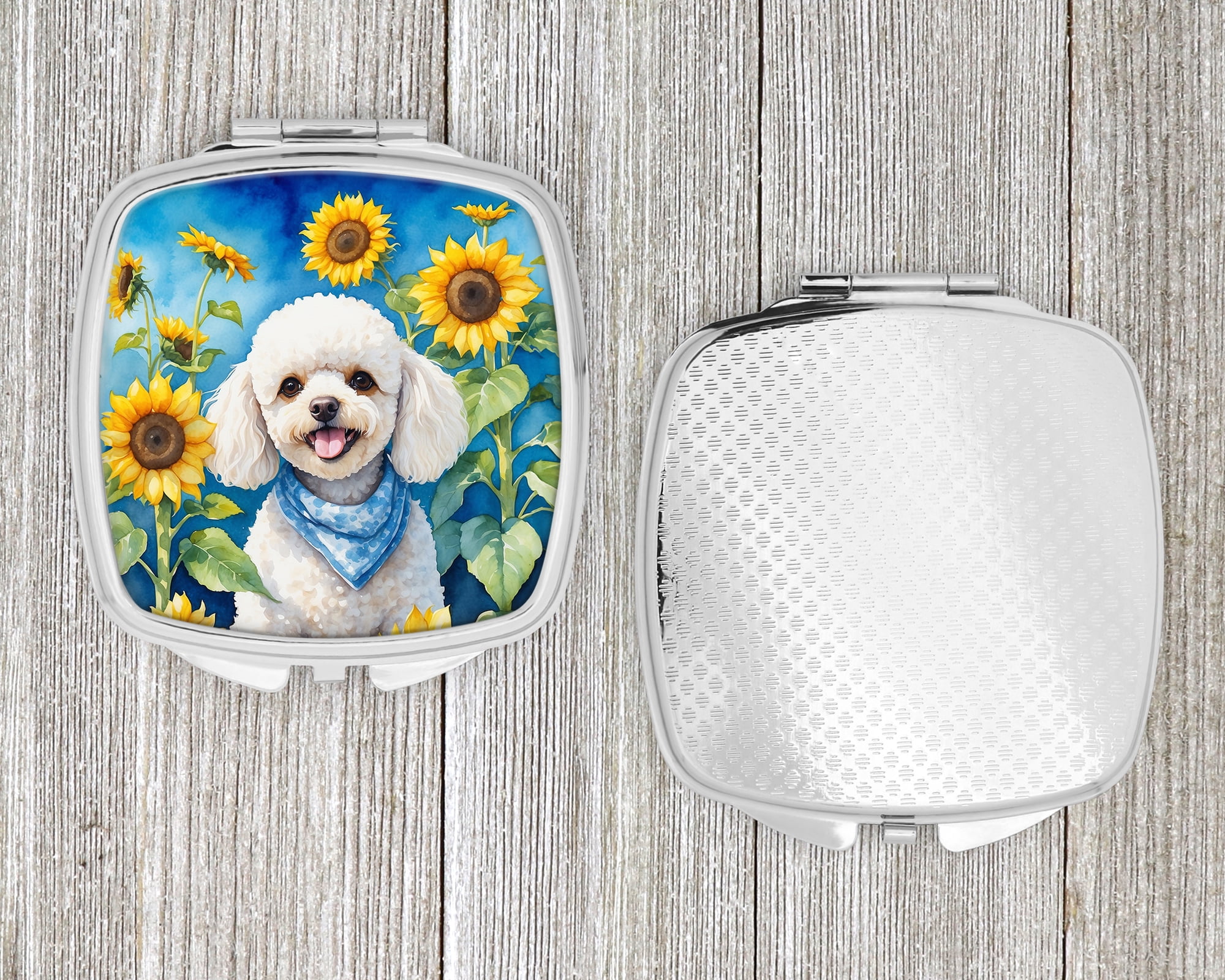 White Poodle in Sunflowers Compact Mirror 2.75 in x 3 in