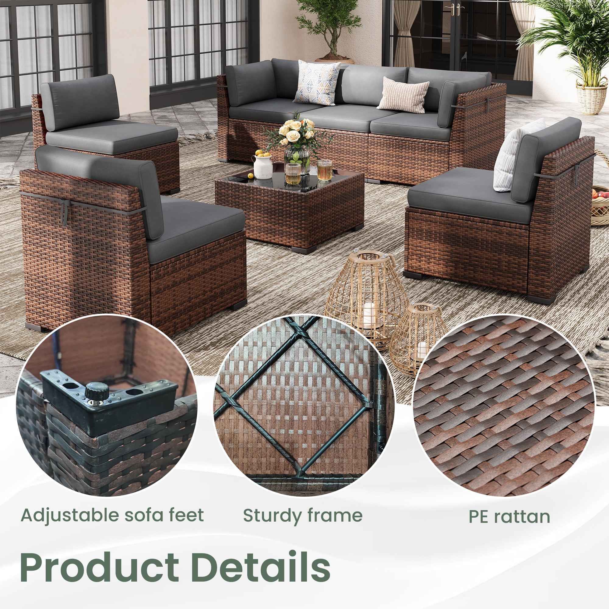Poteban 7 Pieces Outdoor Sectional Sofa Set , PE Wicker Rattan Slanted Back Outdoor Conversation with Cushions and Glass Coffee Table for Backyard Garden, Dark Gray