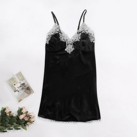 Fazvaoo Sleeveless Nightgowns for Women Chemises Velvet Nightgowns Lace Sleepwear(Black,Size S-XL)