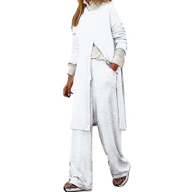 Gibobby Conjunto de sudadera informal para mujer Conjunto casual de dos piezas con bolsillos y manga larga con cuello redondo y otoño invierno de color sólido(Blanco,M)