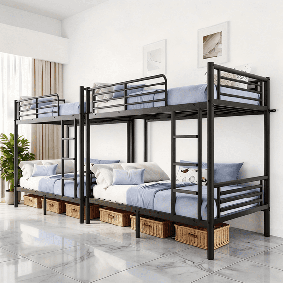 Zimtown Upgrated Set of 2 Twin over Twin Bunk Bed, Metal Bed Frame with Flat Step Ladder, Black