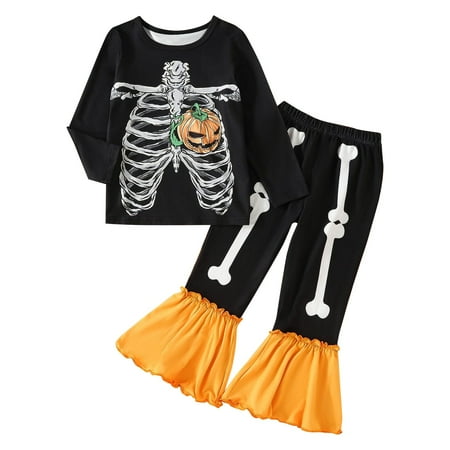 

JIEU Children s Set Spring and Autumn Skeleton Skeleton Pumpkin Flower Print Long Sleeve Flare Pants Two Piece Christmas Set