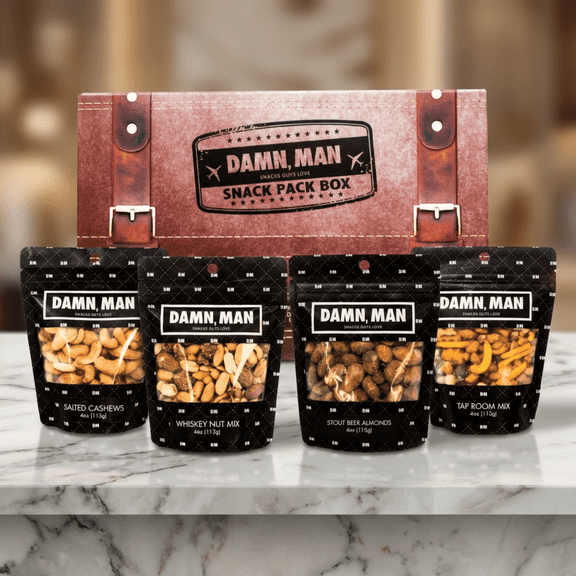 Damn, Man Roasted Bar Snack Pack, Gourmet Mixed Nuts for Beer and Cocktails, 4 Resealable Bags, Savory Party Snack Mix