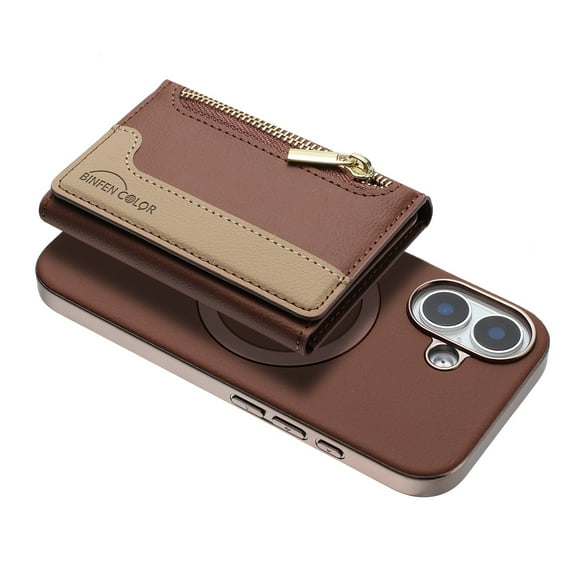 Allytechgroup 2-in-1 Magnetic Wallet Case for Apple iPhone 16, Detachable Card Holder with Zipper Pocket RFID Blocking Kickstand PU Leather Protective Flip Cover with 6 Slots, Brown