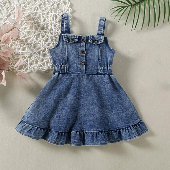 JIAYUE Girls Spring Dresses Solid Color Sleeveless Square Neckline Mid Length Ruffled Hem Denim Shirt Dress For Children Seasonal Adaptable Playwear
