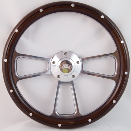 55-56 All Mercury Cars 14" Stained Mahogany with Rivets Aluminum Wood Billet Polished Steering Wheel Set Adapter & Horn