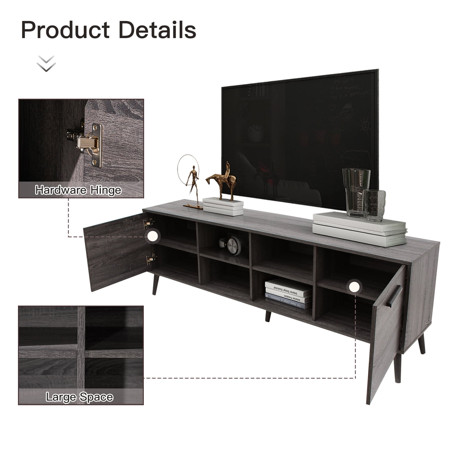 Kadyn Mid Century TV Stand, Modern TV Console with 2 Cabinets & Shelves, Fiberboard TV Entertainment Center for Living Room, Plaid Grey Oak