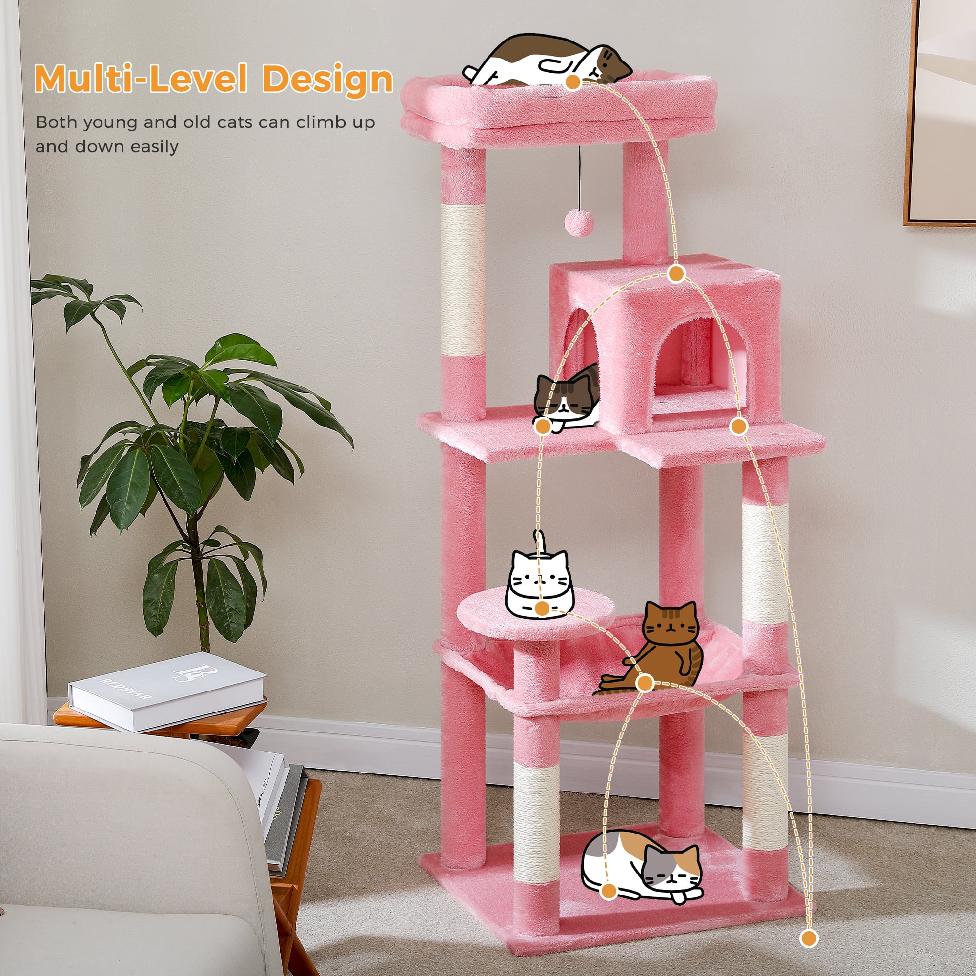 Pefilos 56" Wooden Cat Tower House for Large Cats Cat Tree for Indoor Cats with Cozy Cat Condo, Super Large Hammock and Plush Perches, Pink