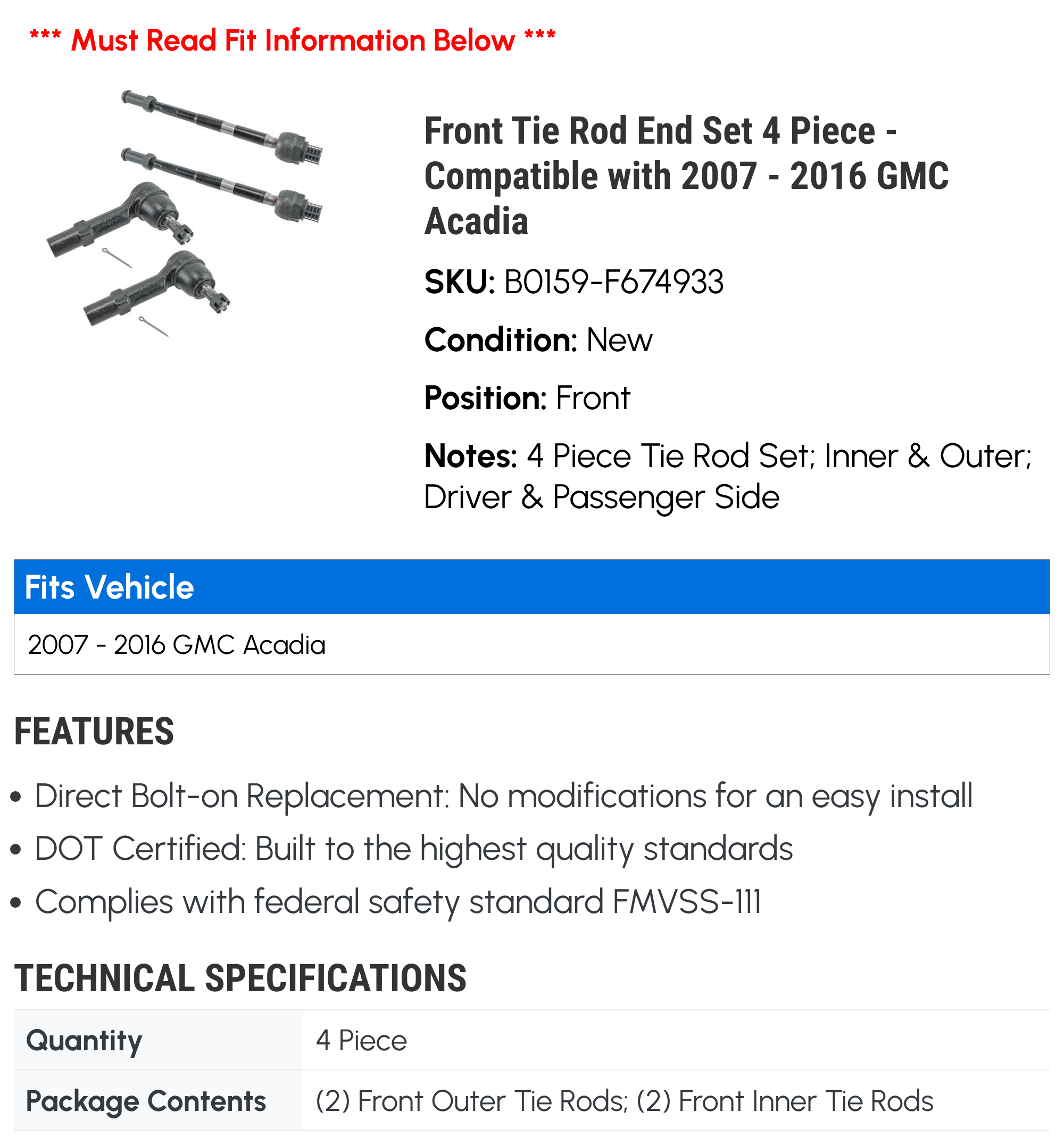 Front Tie Rod End Set 4 Piece - Compatible with 2007 - 2016 GMC Acadia 2008 2009 2010 2011 2012 2013 2014 2015