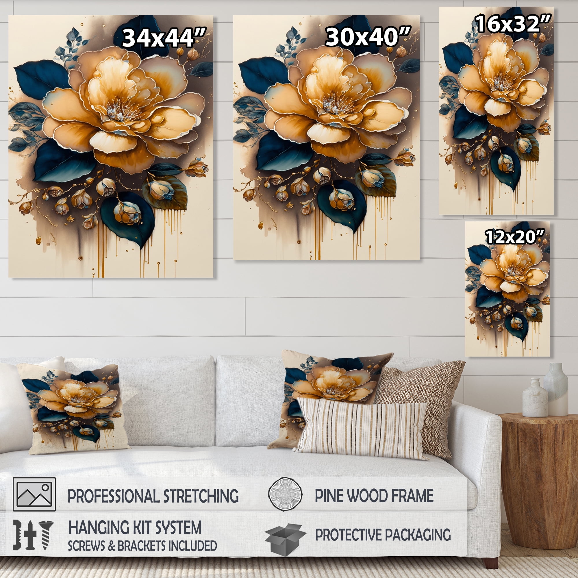 Designart Yellow And Dark Blue Camellia Flower I Canvas Wall Art