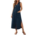 thumbnail image 4 of Uscallm Women's V Neck Sleeveless Button Down Boho Maxi Dress Casual Flowy Long Travel Dresses Lightweight Summer Beach Sundress, Blue 2XL, 4 of 9