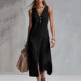thumbnail image 2 of XUNKUSGA Womens Dresses Summer Soild Color Sleeveless V Neck Long Dresses for Women with 2 Button Fashion Front Slit Formal Dresses with Pockets,Black,2XL, 2 of 9