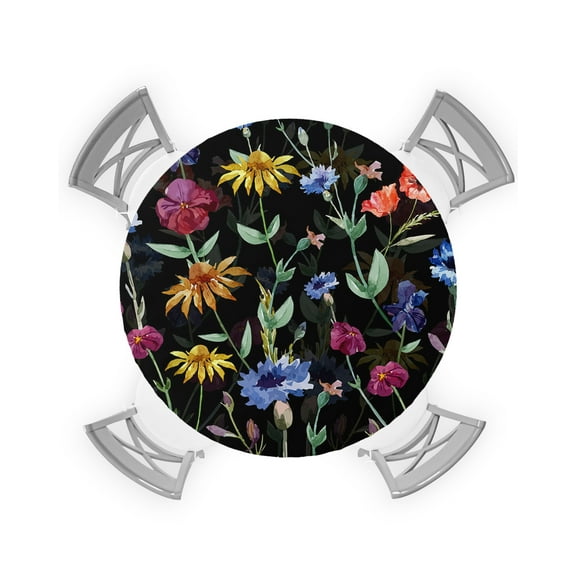 Round Tablecloth with Elastic Colorful Flowers Summer Floral Black Watercolor Waterproof Stain-proof Table Cover Wipeable Fitted Table Cloths for 45"-54" Round Tables Dining Kitchen
