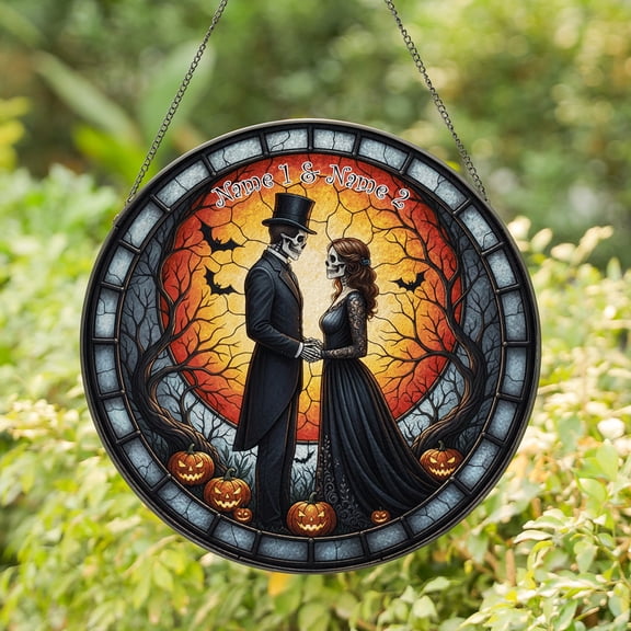 Lotusprinthandmade Personalized Skull Skeleton Couple Halloween Stained Glass Suncatcher for Window Hanging Cir3.5in, halloween skeleton suncatcher, skull couple suncatcher