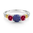 thumbnail image 2 of Gem Stone King 925 Silver and 10K Yellow Gold Blue Lapis and Red Created Ruby and Diamond 3-Stone Ring for Women (1.76 Cttw, Gemstone Birthstone, Cushion 6MM and 4MM, Size 5), 2 of 3