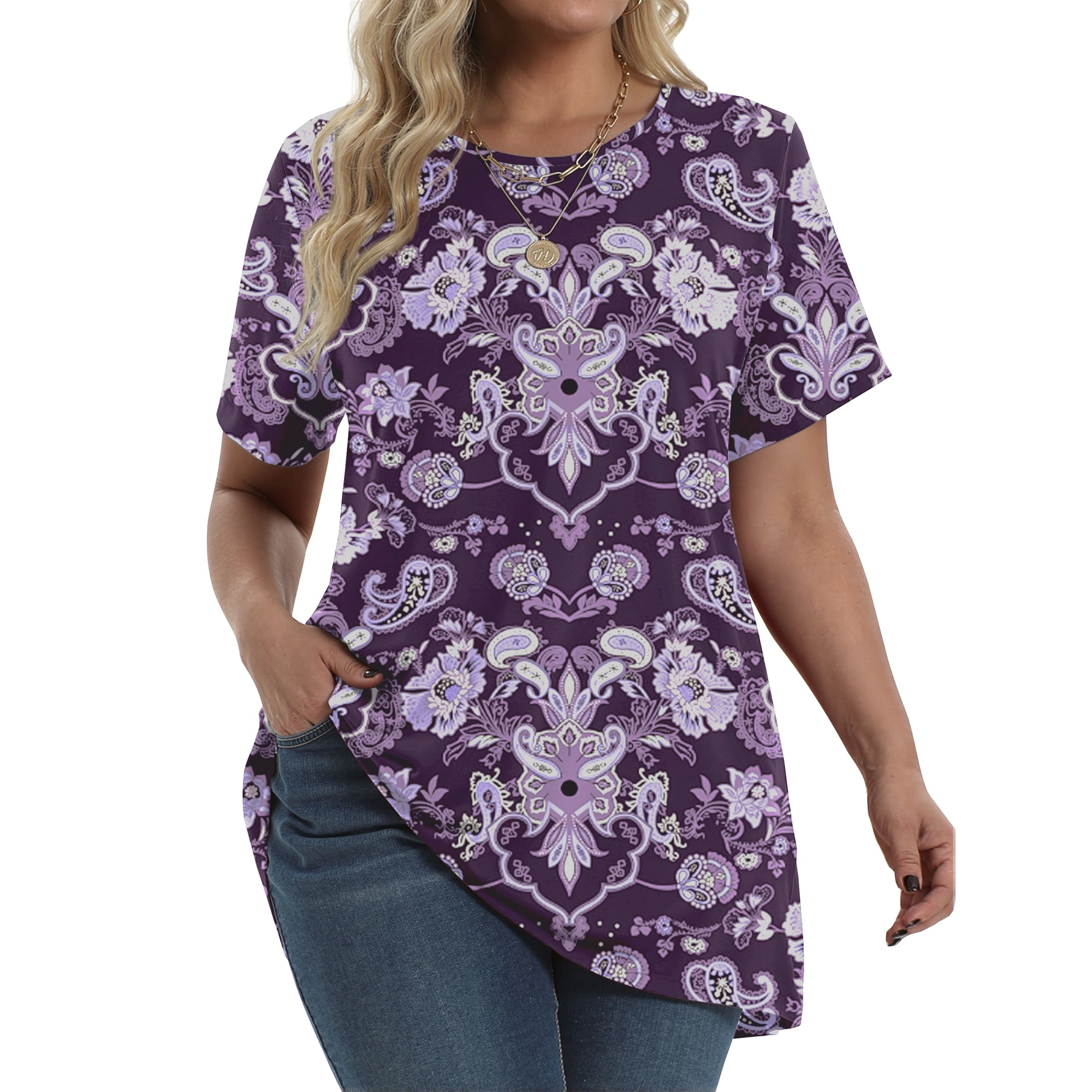 Fantaslook Plus Size Womens Tunic Tops Short Sleeve Casual Floral Shirts Swing Flare Dressy Blouses