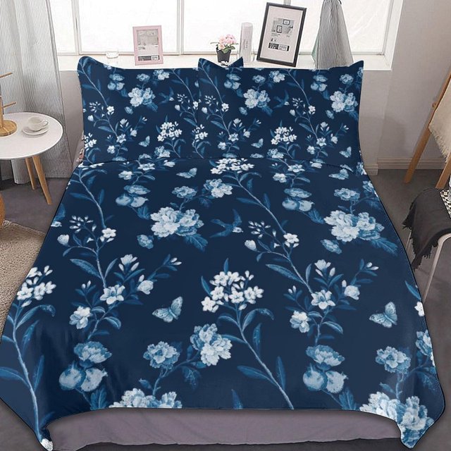 HAHDAXIA Flower Butterfly Pattern Bedding Solid Comforter Set for All Seasons,3 Pieces(1 Comforter+2 Pillowcases),Soft Microfiber Bedding Set Queen(90"x90")