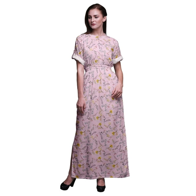 Bimba Robe Maxi à Imprimé Floral en Rayonne avec Fente Latérale, Taille Smockée, TTTG