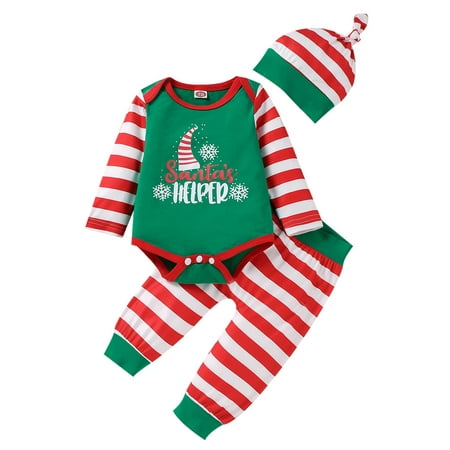 

Qtinghua Newborn Baby Boy Girl Christmas Outfit Long Sleeve Santa Claus Romper Top Pants Hat 3Pcs Clothes Green 6-12 Months