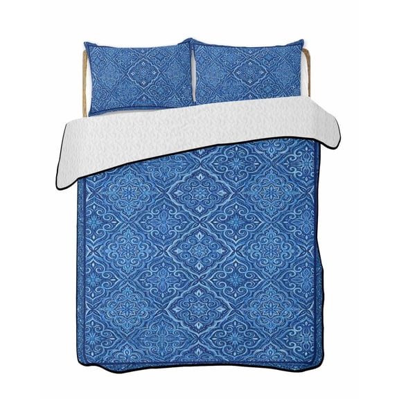 Quilts Queen Size Bedding Set, Boho Blue Lightweight Quilted Comforter, Ethnic Vintage Abstract Tribal Floral Art Soft Reversible Bedspread Coverlet with Pillow Covers for All Season, 90" x 96"