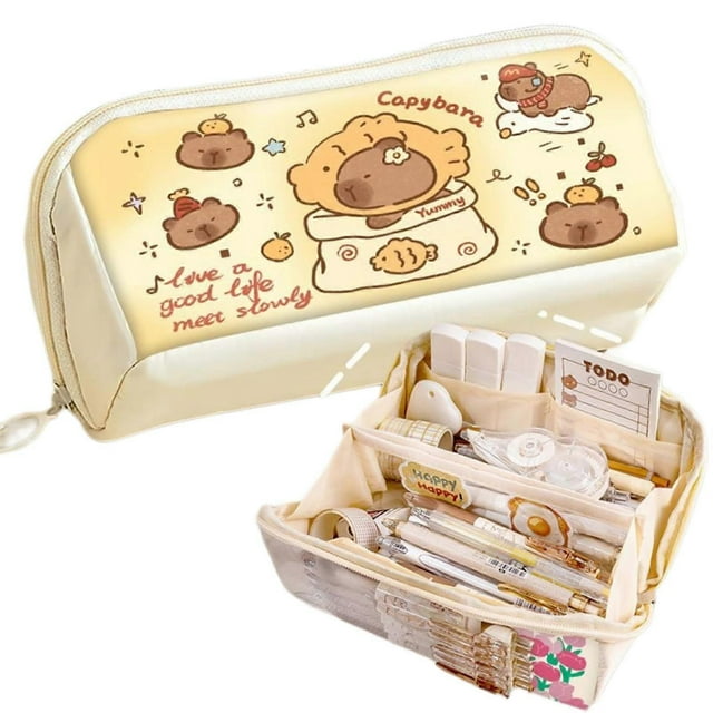 Pencil Pouch MultiLayer Capybara Print Quirky Fun Cute (Beige1), TM2403151(2)test1
