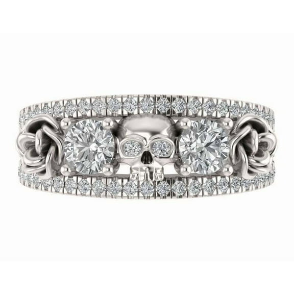 Gothic Skull And Rose Diamond Engagement Wedding Ring, Wide Shank Pave Set Diamond Ring, Half Eternity Diamond Band, 14K White Gold Plated, 2.5 Ct Simulated Diamond, Anniversary Gifts
