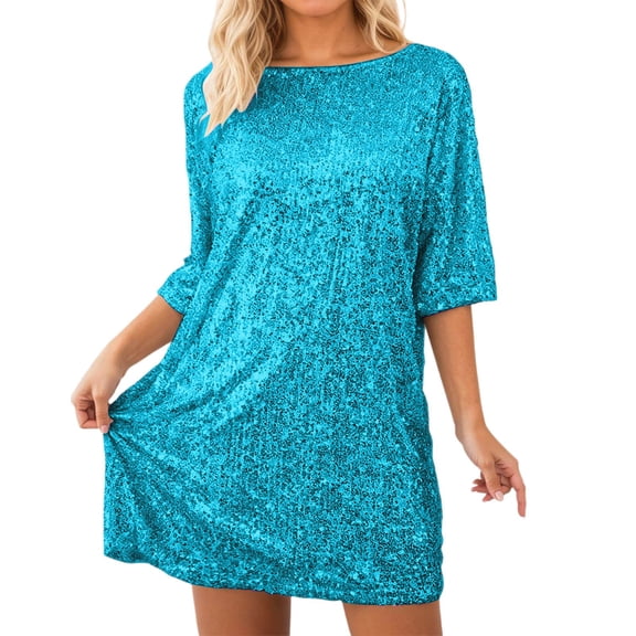 Laipiong Women's 2026 Casual Dress Sparkly Sequin Short Sleeve Round Neck Loose Fit Party Clubwear Mini Dress Elegant Tunic Top for Evening Outings
