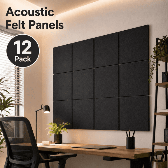 VALUNE Black Large Felt Wall Tiles 12‑Pack 48"x36", Bulletin Board for Office Wall with Adhesive Tabs and Pushpins
