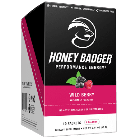 Honey Badger Performance Energy Natural Pre Workout for Men & Women (Wild Berry, 10 Packets, Sugar Free, Sucralose Free, Naturally Flavored & Sweetened, Amino Acids, Keto, Vegan, Beta-Alanine,