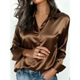 thumbnail image 2 of Lenpel Women's Satin Silk Blouses Long Sleeve Collared Button down Shirts Business Casual Work Tops Loose Dress Shirts(Coffee,Large), 2 of 5