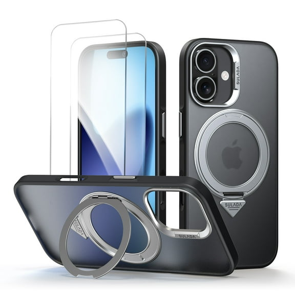 Allytechgroup for iPhone 17 Case with 2 Pcs Screen Protector, Rotating Aluminum Bracket Kickstand Stress Reliever Design [Compatible with Magsafe] Anti-Scratch Shockproof Cover,Black