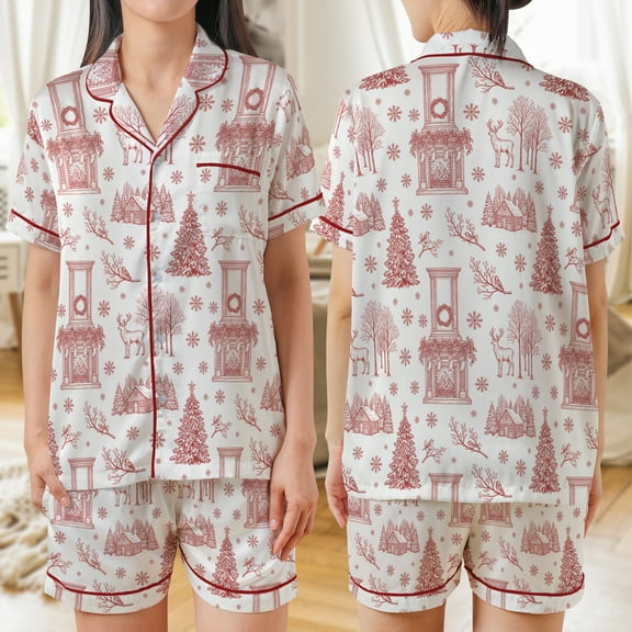 Lotusprinthandmade Vintage Christmas All-over Print Satin Short-Sleeve Pajamas Set (S), vintage christmas pajama set, retro holiday pajamas
