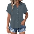 thumbnail image 3 of Dvprdro Womens Cotton Button Down Shirt Collared Short Sleeve Side Slits Loose Fit Casual Summer Top, 3 of 8