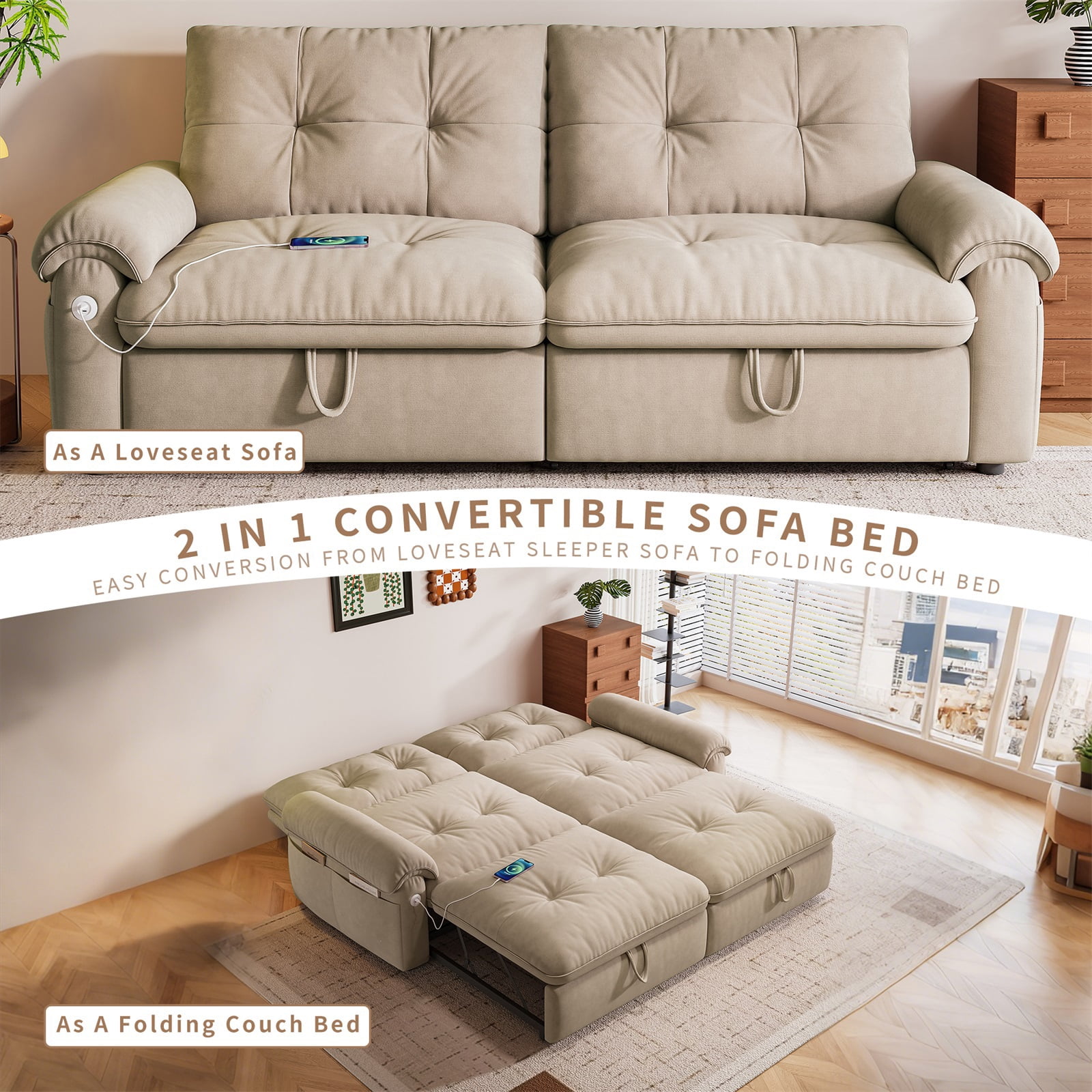 Hommoo 70" Convertible 2-in-1 Pull Out Couch Bed, Multi-Functional Velvet Loveseat Sleeper Sofa Bed, Light Brown