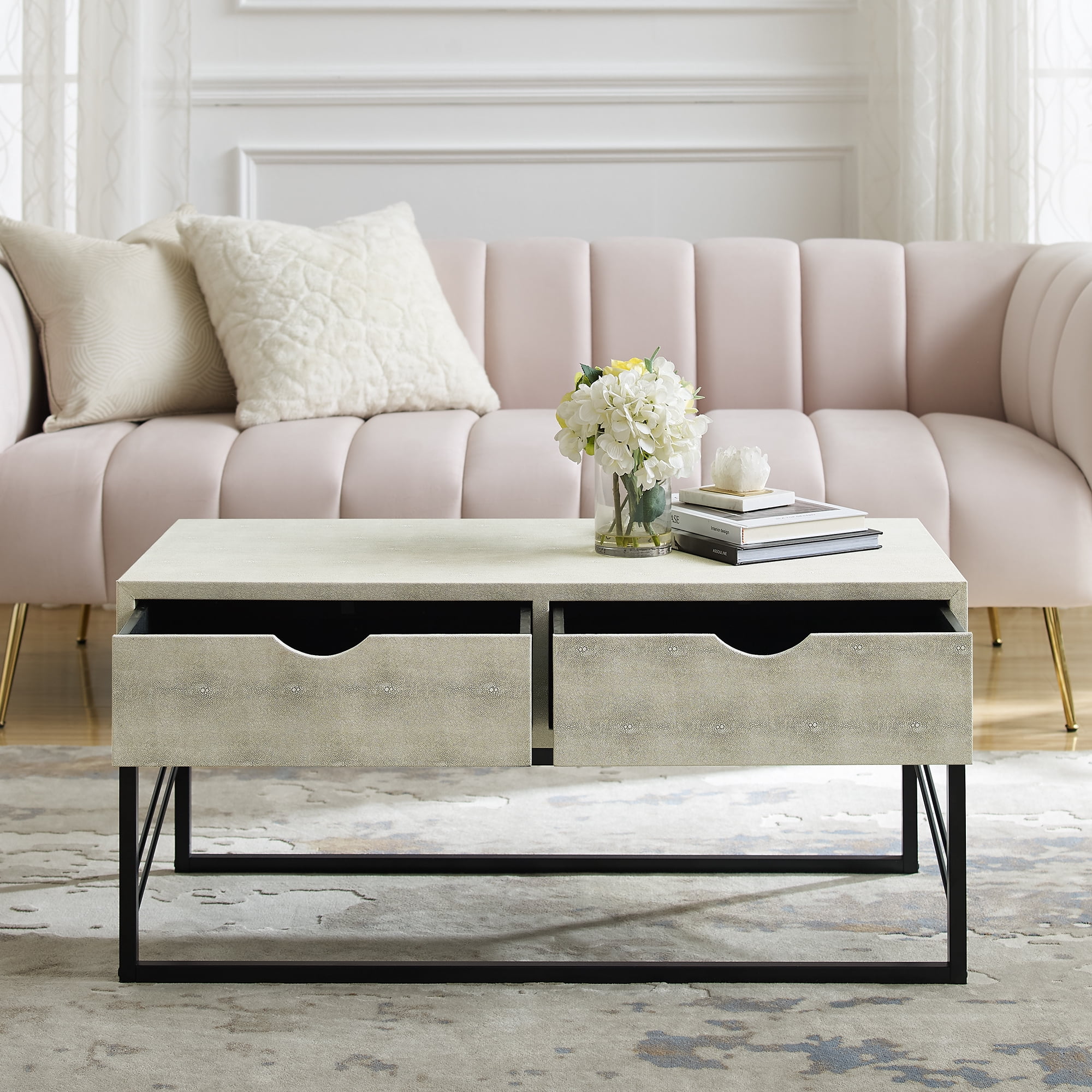 Manor Park Modern Eclectic Faux Shagreen Coffee Table, Off-White