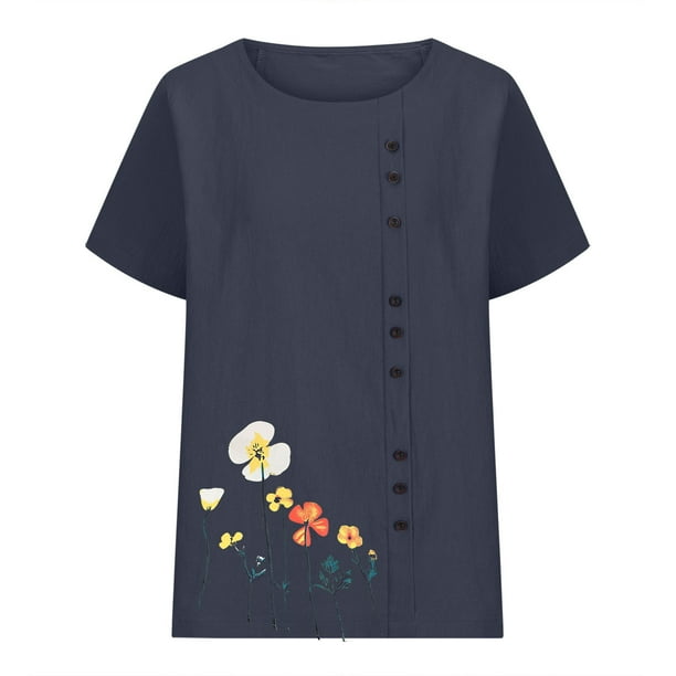 Tops de Manga Corta de Verano para las Mujeres Cuello Redondo Impreso Botón Superior Camiseta de Imitación Rack, Blusa de Moda Casual para el Uso Diario