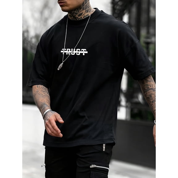 Men's Casual Short Sleeve T-Shirt with Bold TRUST Letter Print - White Regular Fit Summer Streetwear Essential, Round Neckline, Relaxed Fit Shirt