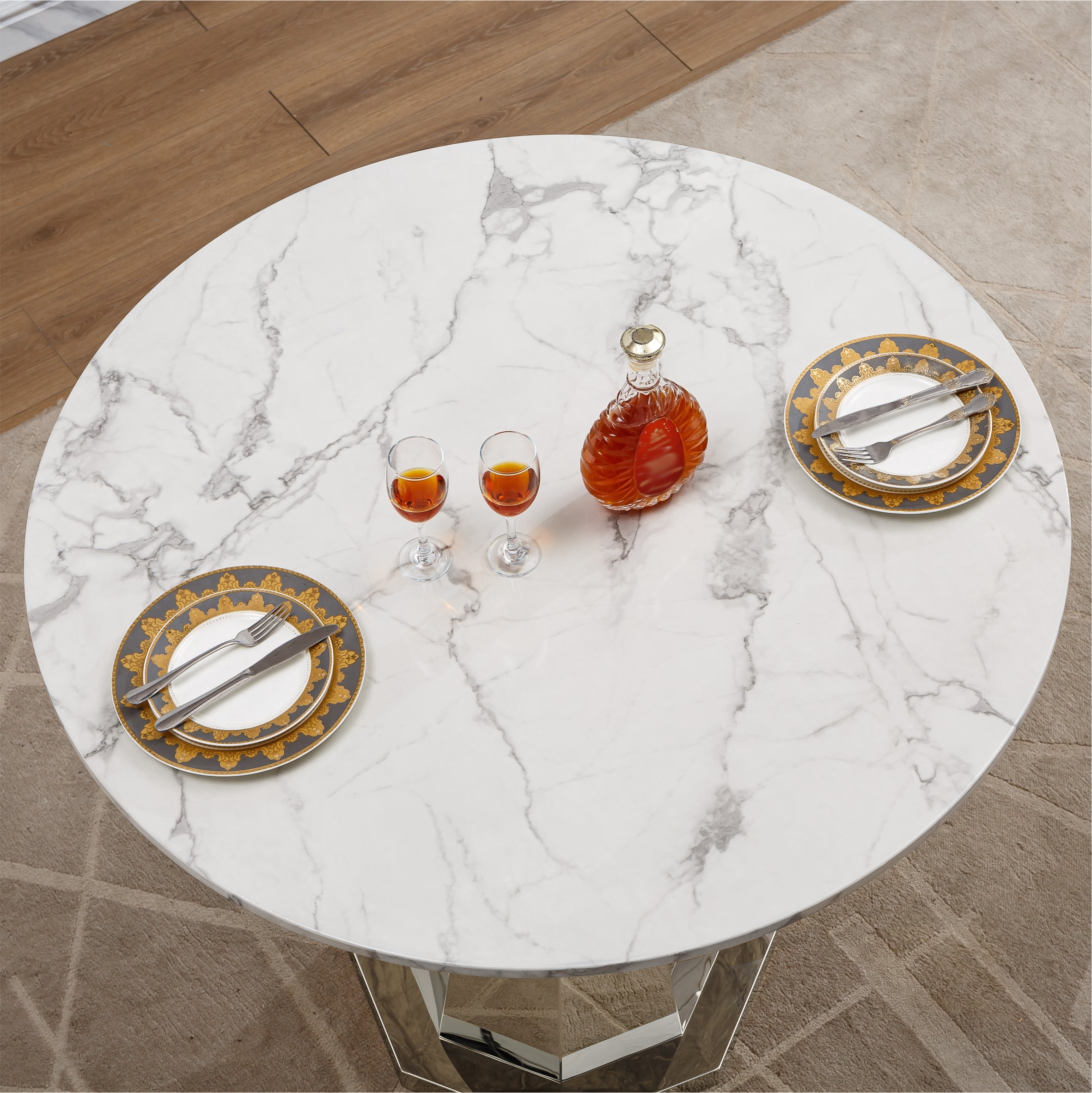 Shikeyi 47" Round Marble Dining Table for 4-6, Luxury Modern Kitchen Table with Marble Grain MDF Tabletop & Silver Mirrored Stainless Steel Pedestal Base for Dining Room, White (Table Only)