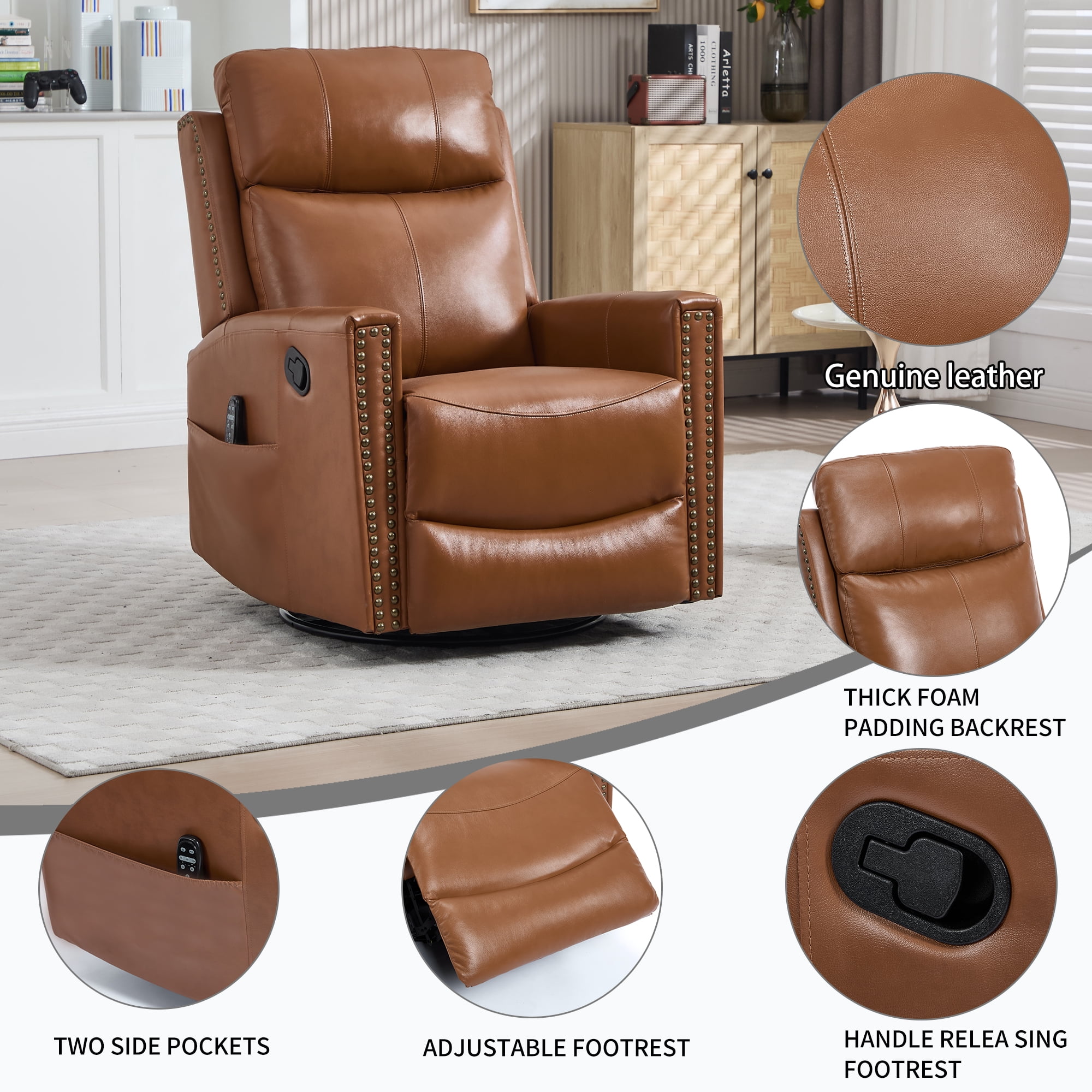 Gewnee Manual Recliner Chair,360°Swivel Massage Recliner Chair with Heat,Rocker Recliner Chair for Living Room,Bedroom.Yellow Genuine Leather