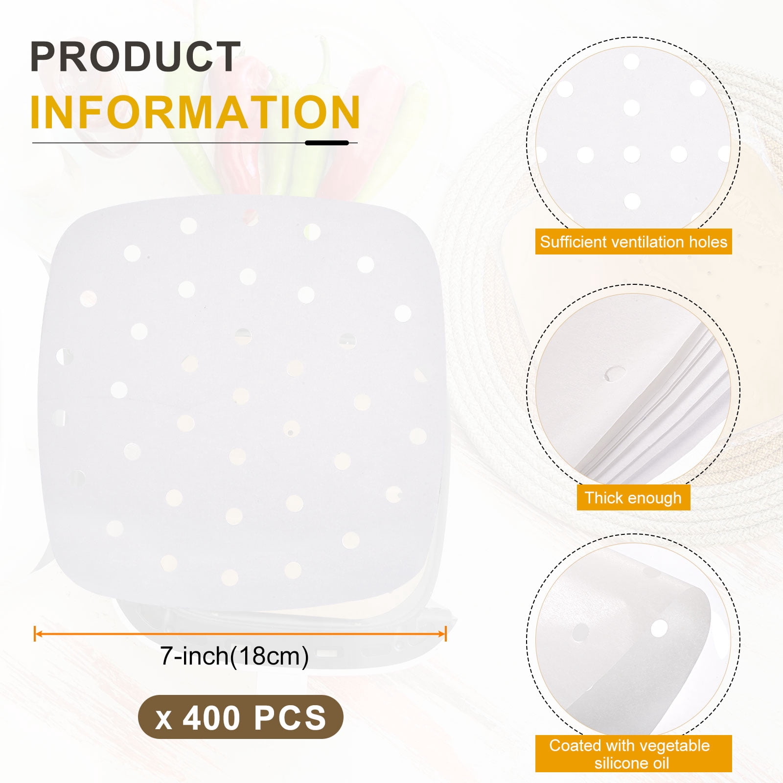 Uxcell 400pcs Air Fryer Liners 7 Inch Square Bamboo Steamer Liners with Holes Non-Stick Perforated Parchment Paper Sheets Disposable Steamer Paper for Air Fryers Steaming Basket, White