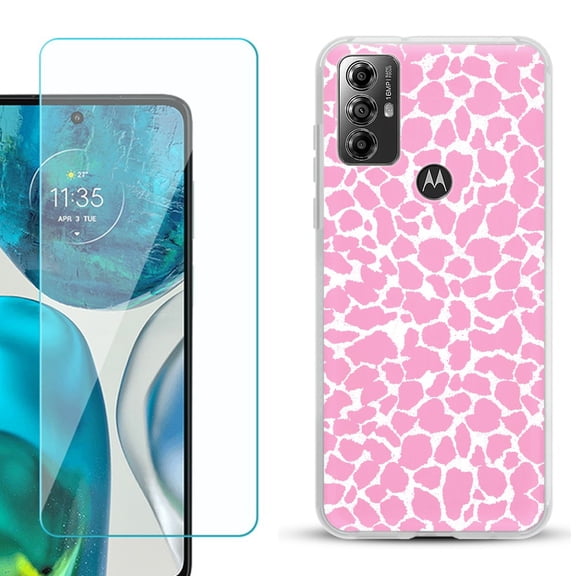 OneToughShield ® for Motorola Moto G Play 2023 Shockproof Fashion Phone Case, with Tempered Glass Screen Protector - Giraffe/Pink