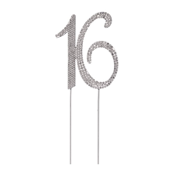 16 Cake Topper for 16th Birthday Party or Anniversary Crystal Rhinestones Decorative Cake Topper for Party Supplies (Silver)