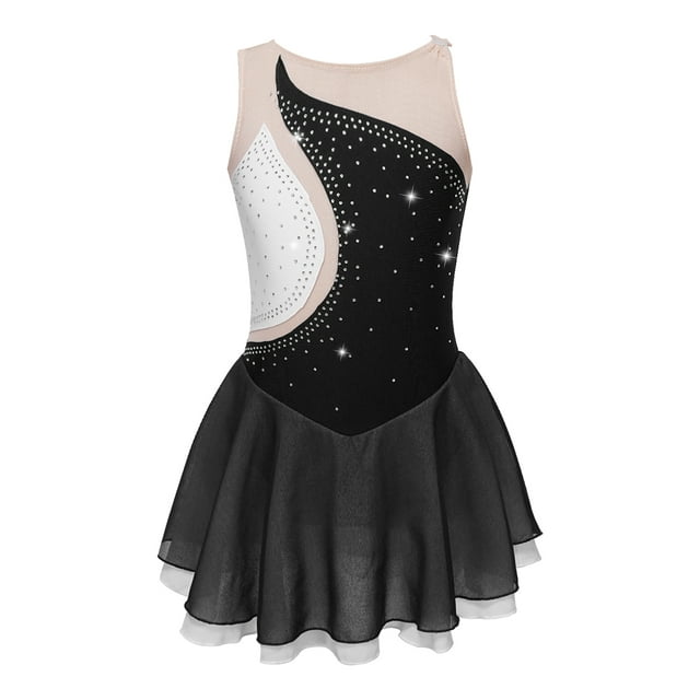 Linjinx Robe de Patinage Artistique pour Filles Sans Manches en Maille Justaucorps de Ballet pour Danse Performance Noir 14