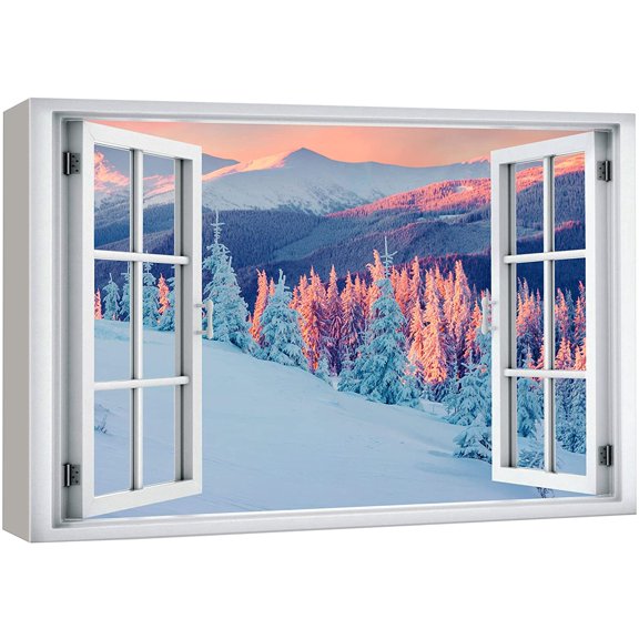 wall26 Canvas Print Wall Art Window View Pastel Pink Blue Winter Pine Tree Forest Wilderness Nature Photography Realism Scenic Landscape Colorful Multicolor for Living Room, Bedroom, Office - 16"